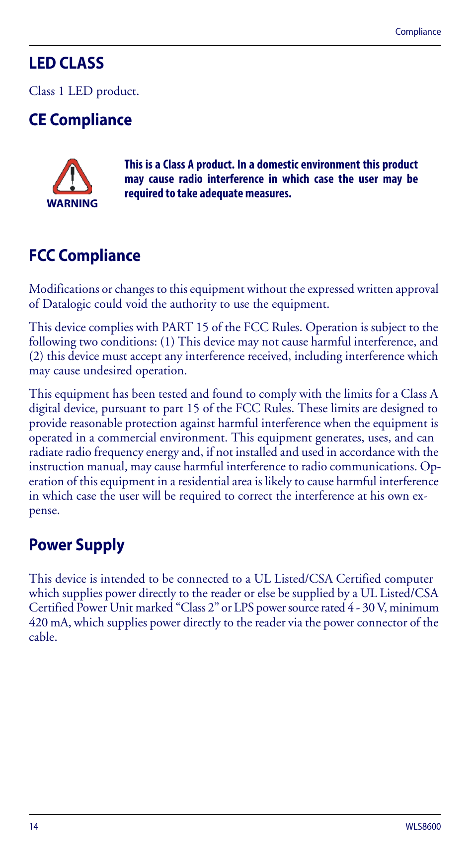 Led class, Ce compliance, Fcc compliance | Power supply, Ce compliance fcc compliance | Wasp Barcode WLS8600 Quick Reference Guide User Manual | Page 18 / 24