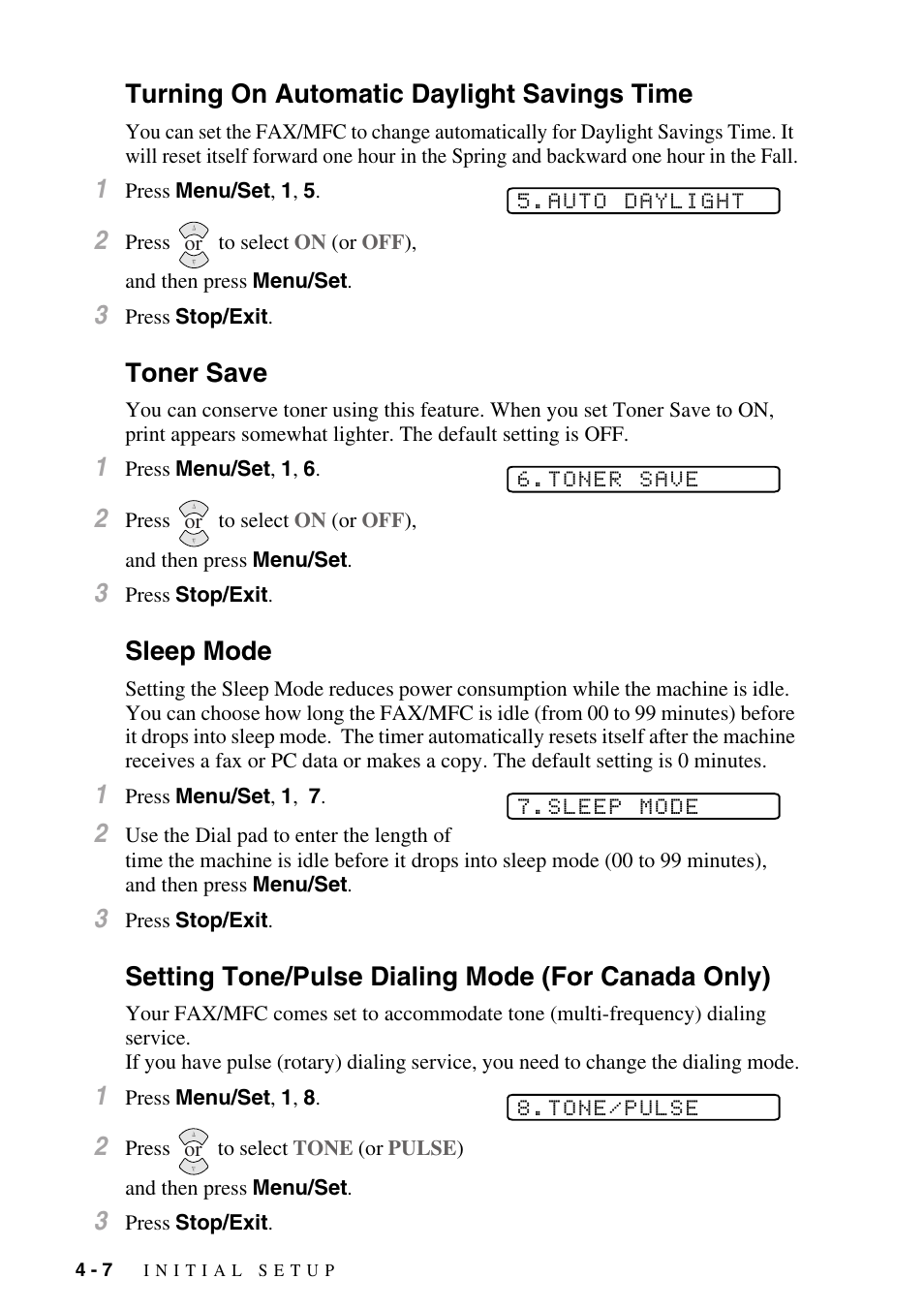 Turning on automatic daylight savings time, Toner save, Sleep mode | Setting tone/pulse dialing mode (for canada only) | Brother FAX-3800 User Manual | Page 56 / 150