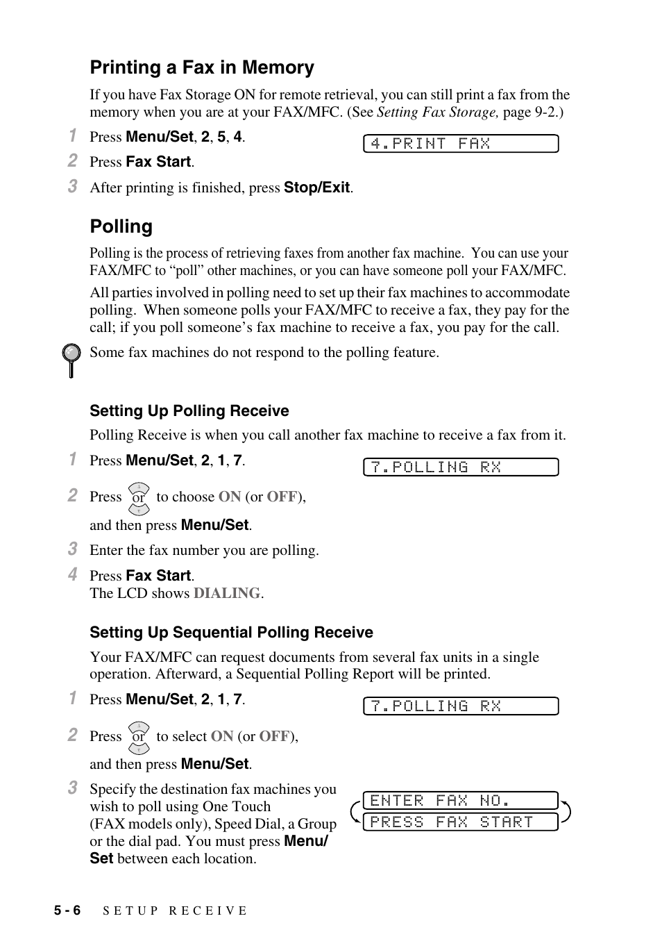 Printing a fax in memory, Polling, Setting up polling receive | Setting up sequential polling receive, Printing a fax in memory -6 polling -6 | Brother FAX-3800 User Manual | Page 62 / 150