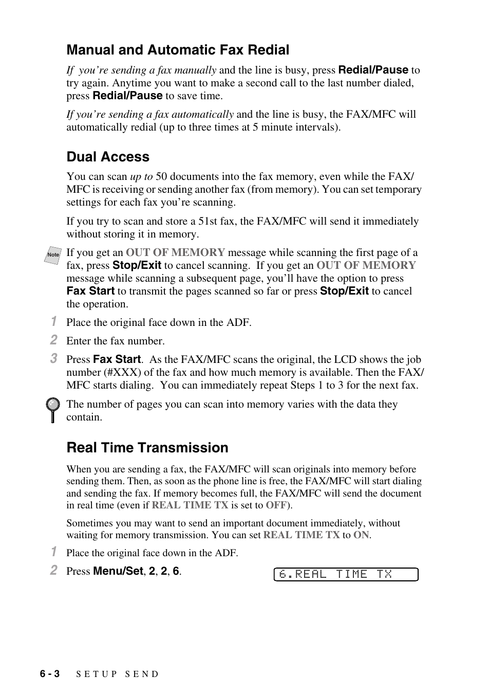 Manual and automatic fax redial, Dual access, Real time transmission | Real, Time transmission | Brother FAX-3800 User Manual | Page 66 / 150