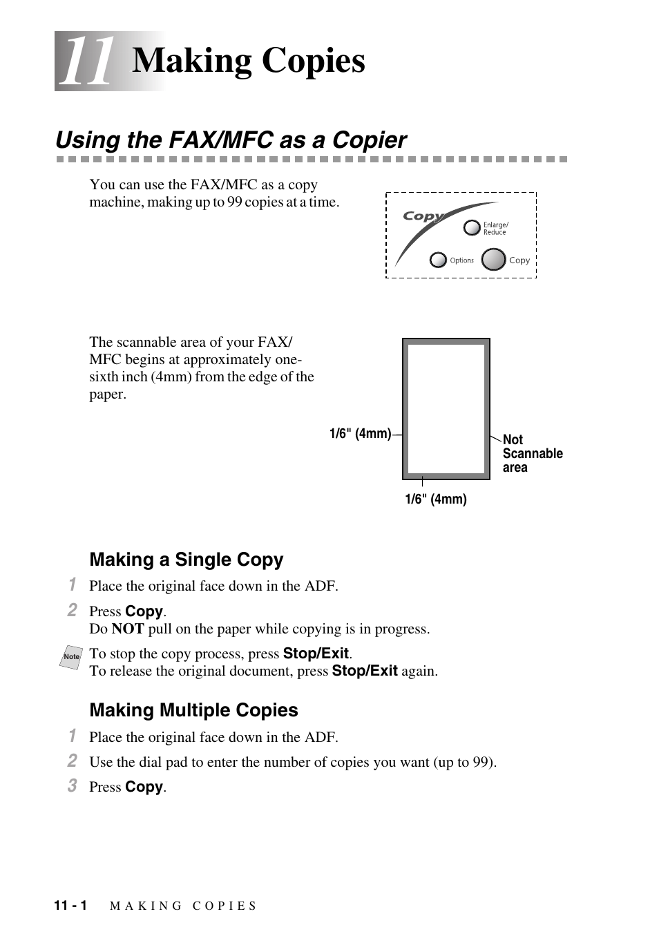 Making copies, Using the fax/mfc as a copier, Making a single copy | Making multiple copies, Making copies -1, Using the fax/mfc as a copier -1, Making a single copy -1 making multiple copies -1 | Brother FAX-3800 User Manual | Page 96 / 150