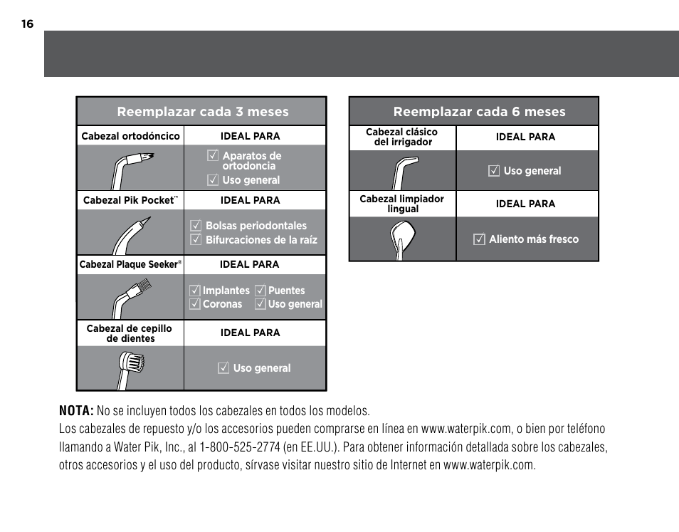 Reemplazar cada 3 meses, Reemplazar cada 6 meses | Waterpik WP-260 Owners Manual User Manual | Page 16 / 24