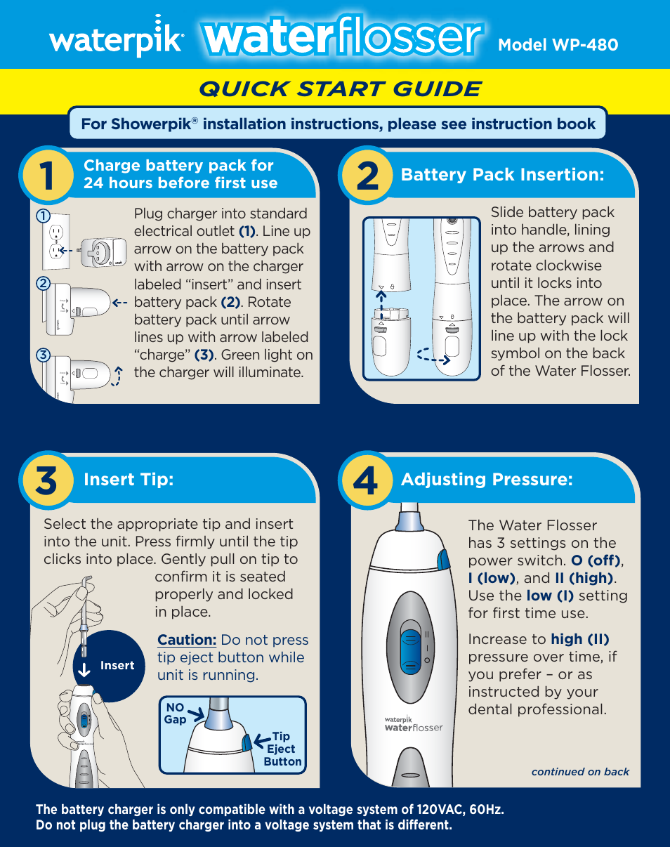 Waterpik WP-480 Quick Start User Manual | 2 pages