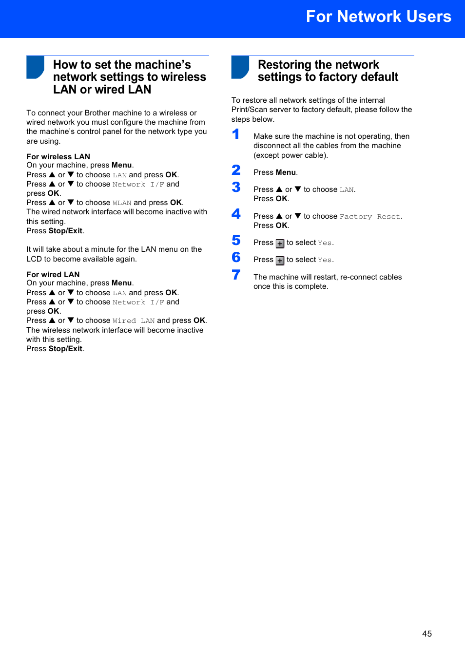 Restoring the network settings to factory default, For network users | Brother DCP-750CW User Manual | Page 47 / 51