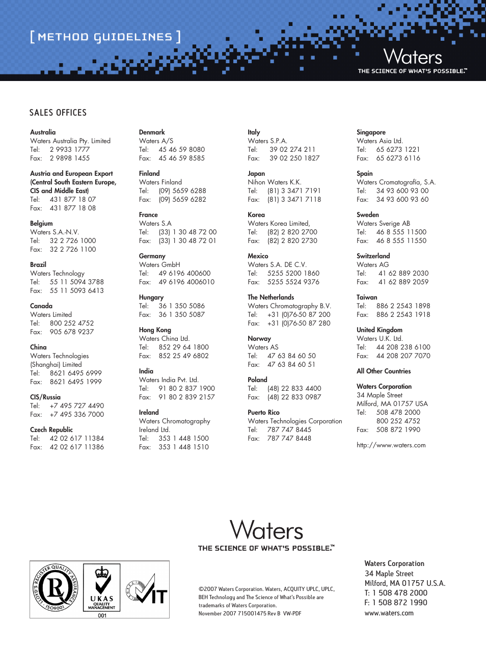 Method guidelines, Sales offices | Waters Oligonucleotide Separation Technology ACQUITY UPLC C18 Column User Manual | Page 7 / 7