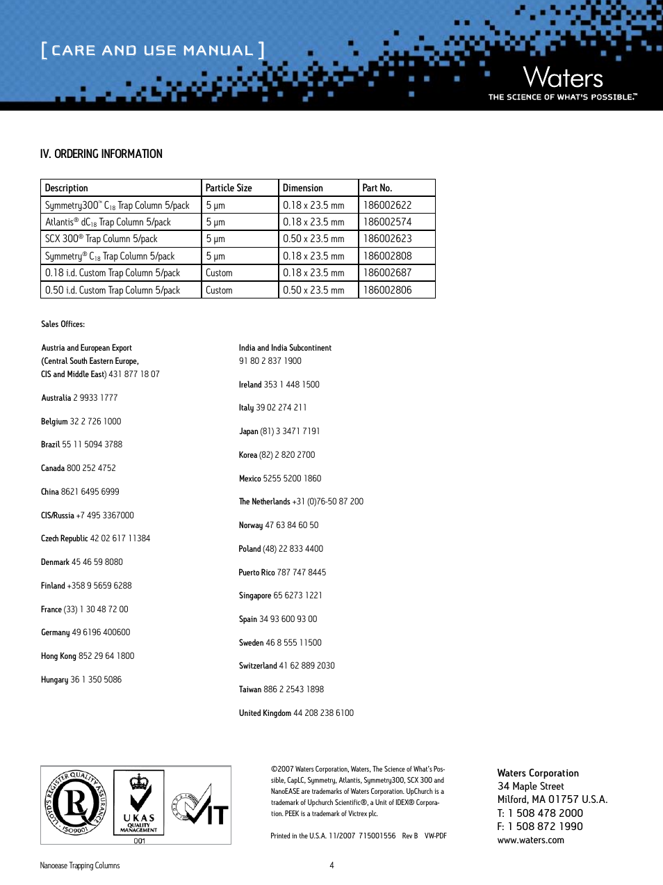 Care and use manual, Iv. ordering information | Waters NanoEase Trapping Columns User Manual | Page 4 / 4