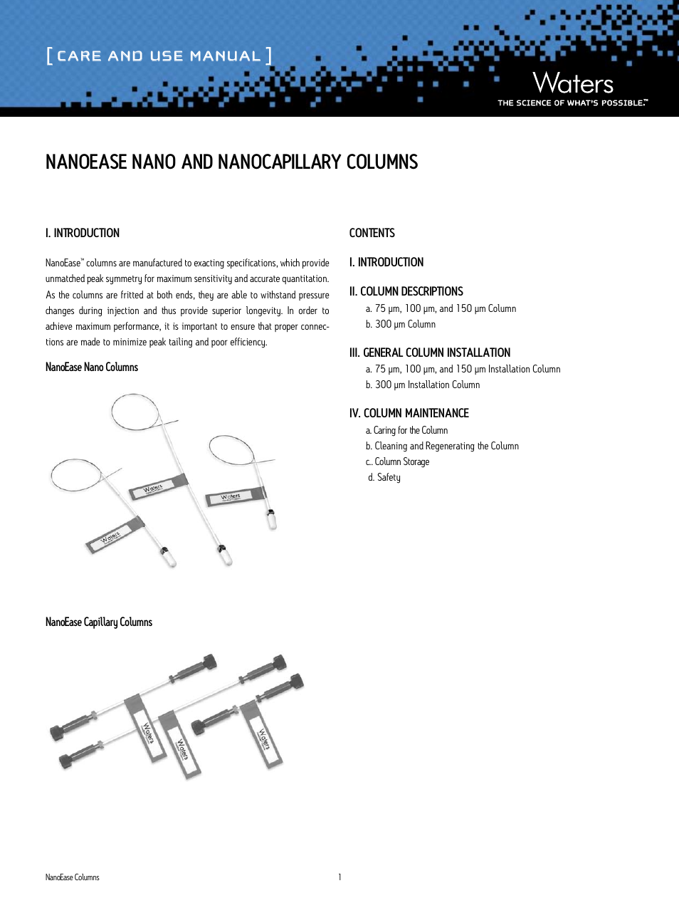 Waters NanoEase Nano and Nanocapillary Columns User Manual | 4 pages