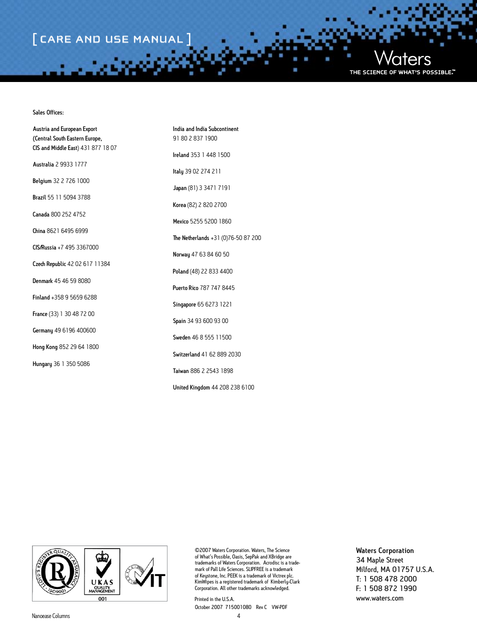Care and use manual | Waters NanoEase Nano and Nanocapillary Columns User Manual | Page 4 / 4