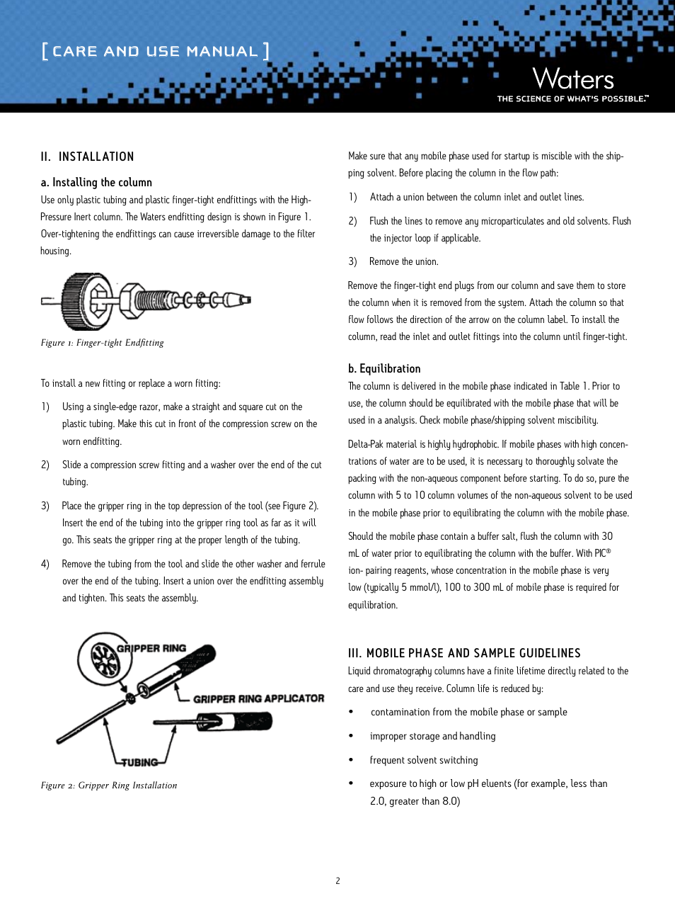 Care and use manual | Waters Delta-Pak High Pressure Insert HPLC Column User Manual | Page 2 / 7