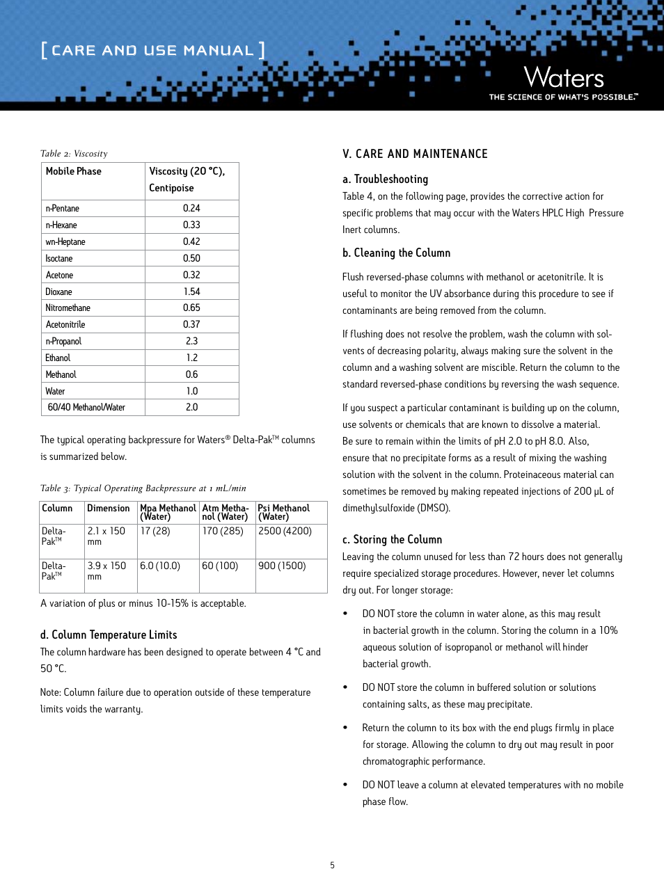 Care and use manual | Waters Delta-Pak High Pressure Insert HPLC Column User Manual | Page 5 / 7