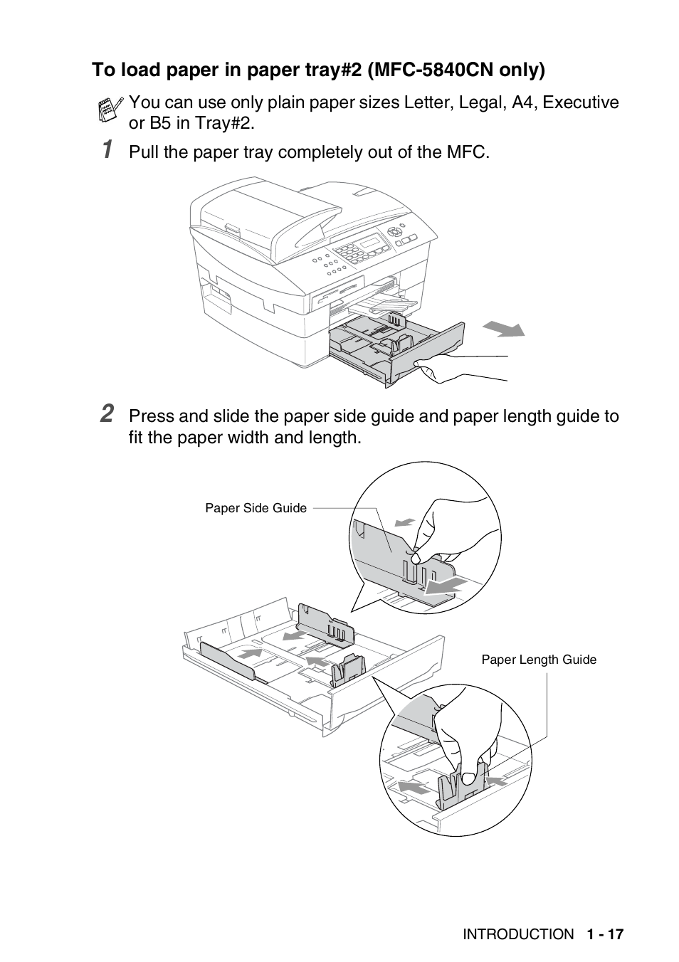 To load paper in paper tray#2 (mfc-5840cn only), To load paper in paper tray#2, Mfc-5840cn only) -17 | Brother MFC-5440CN User Manual | Page 36 / 211