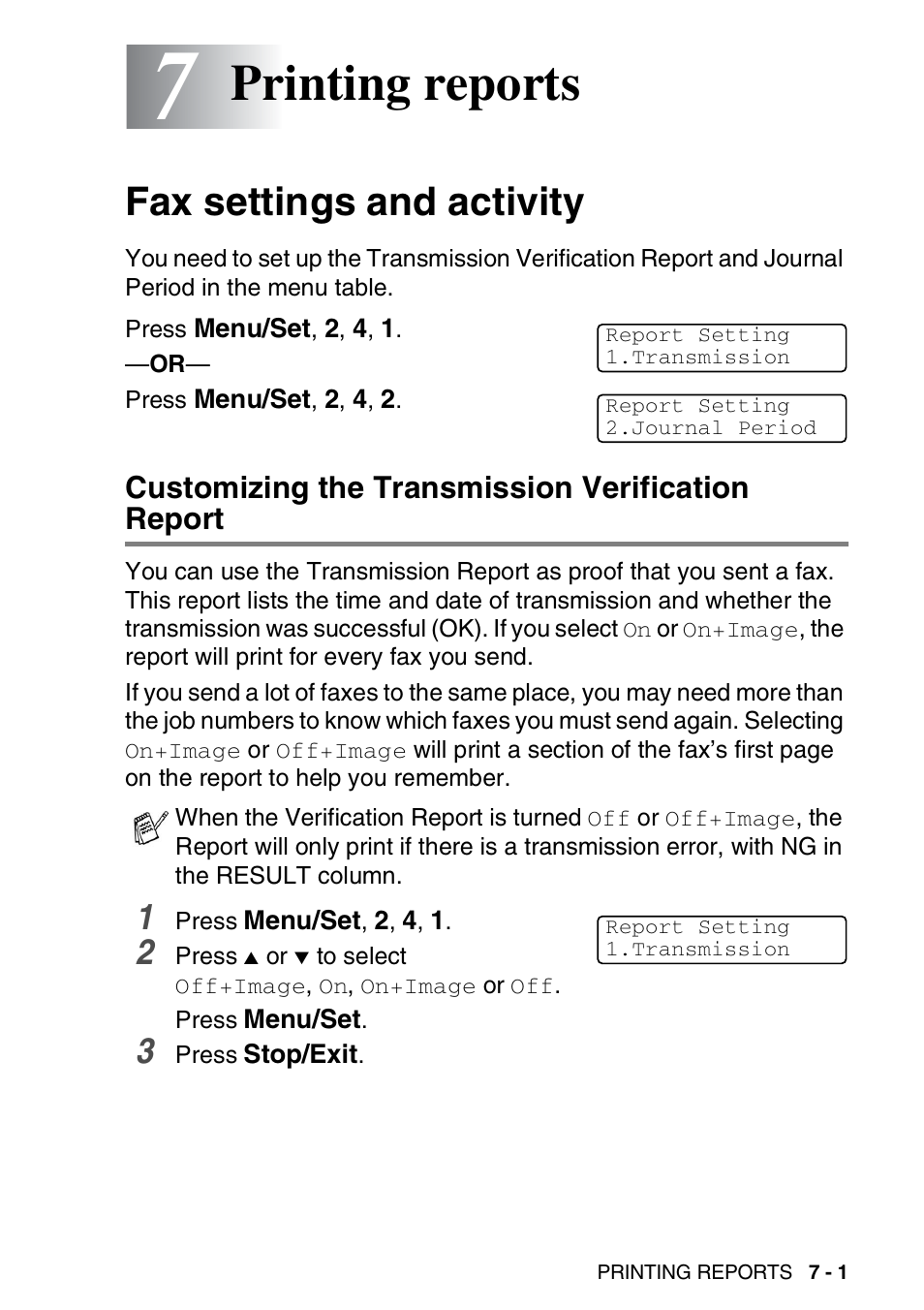 7 printing reports, Fax settings and activity, Customizing the transmission verification report | Printing reports -1, Fax settings and activity -1, Printing reports | Brother MFC-5440CN User Manual | Page 86 / 211