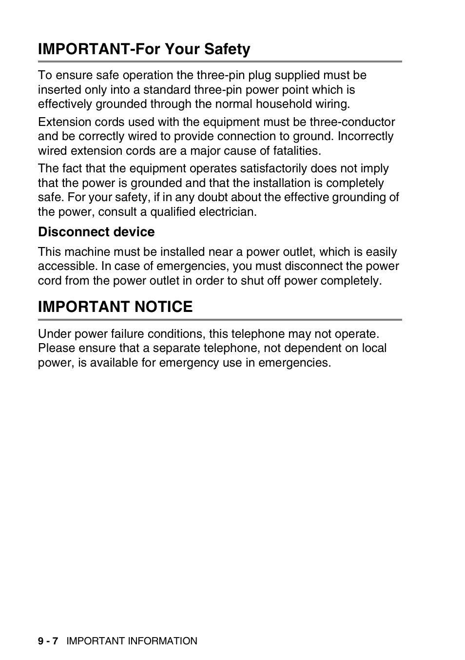 Important-for your safety, Disconnect device, Important notice | Important-for your safety -7, Disconnect device -7, Important notice -7 | Brother FAX-3240C User Manual | Page 109 / 192