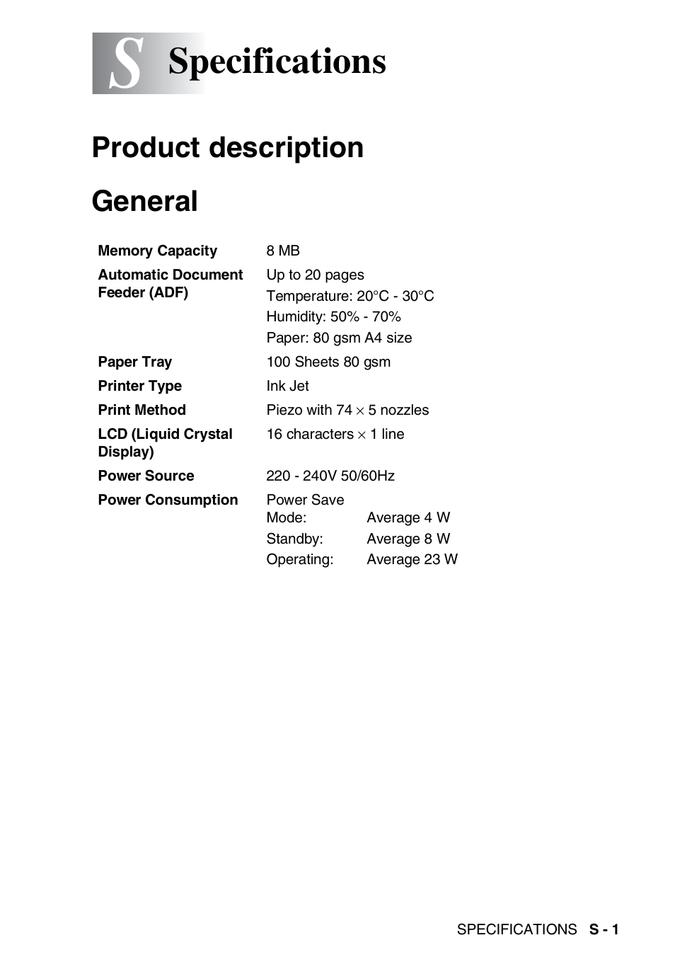Specifications, Product description, General | Product description general | Brother FAX-3240C User Manual | Page 176 / 192