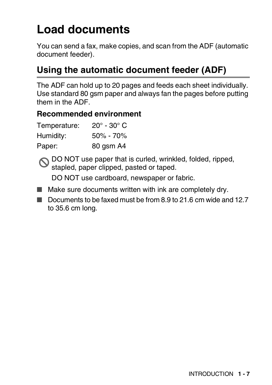 Load documents, Using the automatic document feeder (adf), Recommended environment | Load documents -7, Using the automatic document feeder (adf) -7, Recommended environment -7 | Brother FAX-3240C User Manual | Page 22 / 192