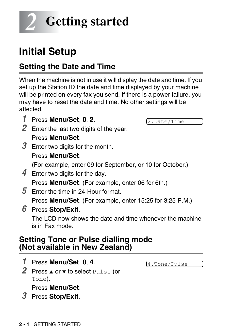 2 getting started, Initial setup, Setting the date and time | Getting started -1, Initial setup -1, Not available in new zealand) -1, Getting started | Brother FAX-3240C User Manual | Page 35 / 192
