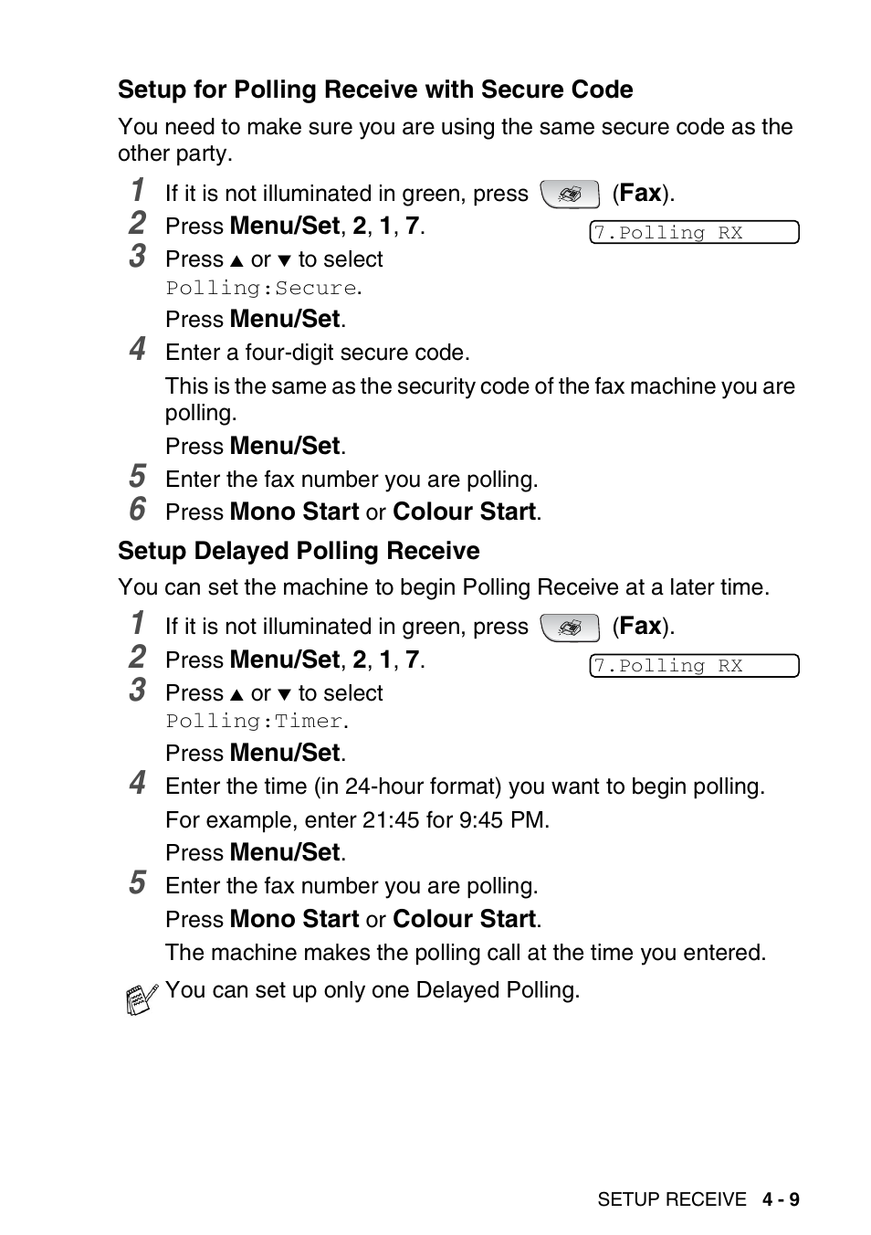 Setup for polling receive with secure code, Setup delayed polling receive | Brother FAX-3240C User Manual | Page 70 / 192