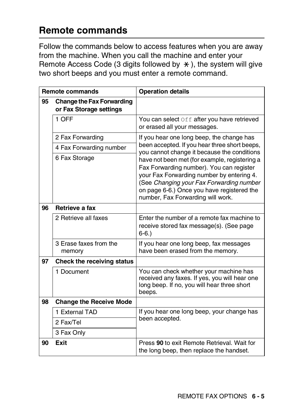 Remote commands, Remote commands -5 | Brother FAX-3240C User Manual | Page 84 / 192