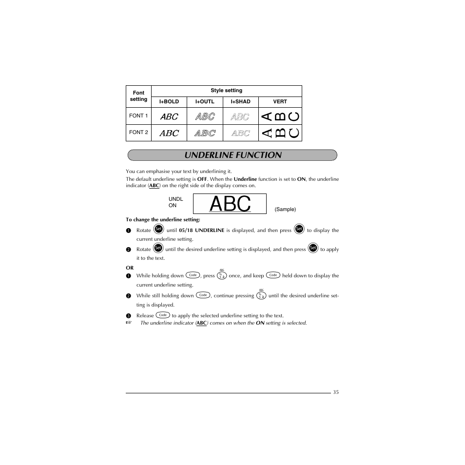 Underline function | Brother HL-1850 User Manual | Page 39 / 71