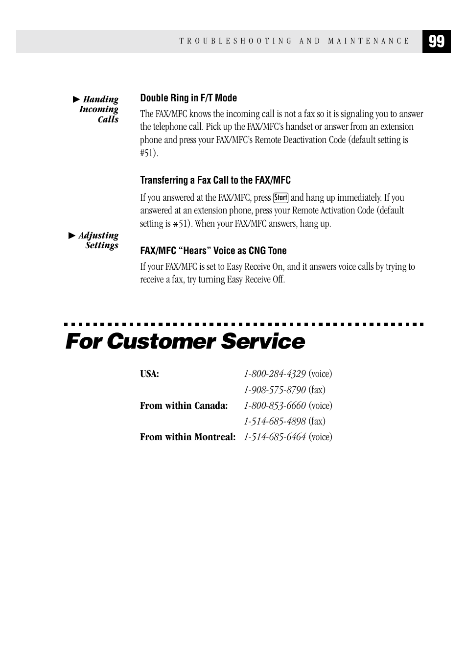 Double ring in f/t mode, Transferring a fax call to the fax/mfc, Fax/mfc “hears” voice as cng tone | For customer service | Brother MFC 1970MC User Manual | Page 107 / 136