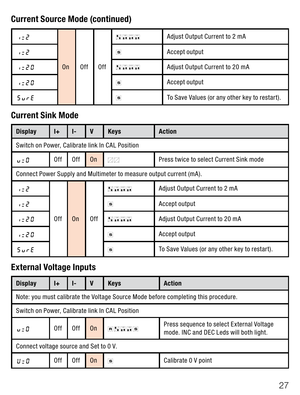 Current sink mode, External voltage inputs, Current source mode (continued) | Weidmuller Portacal 1000 - Instrument Calibrator User Manual | Page 13 / 41