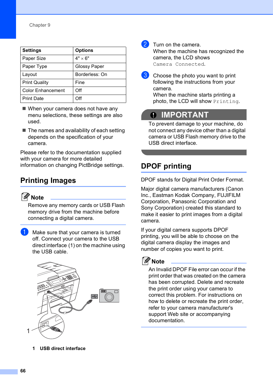 Printing images, Dpof printing, Printing images dpof printing | Important | Brother VERSION 0 MFC-J6510DW User Manual | Page 72 / 89
