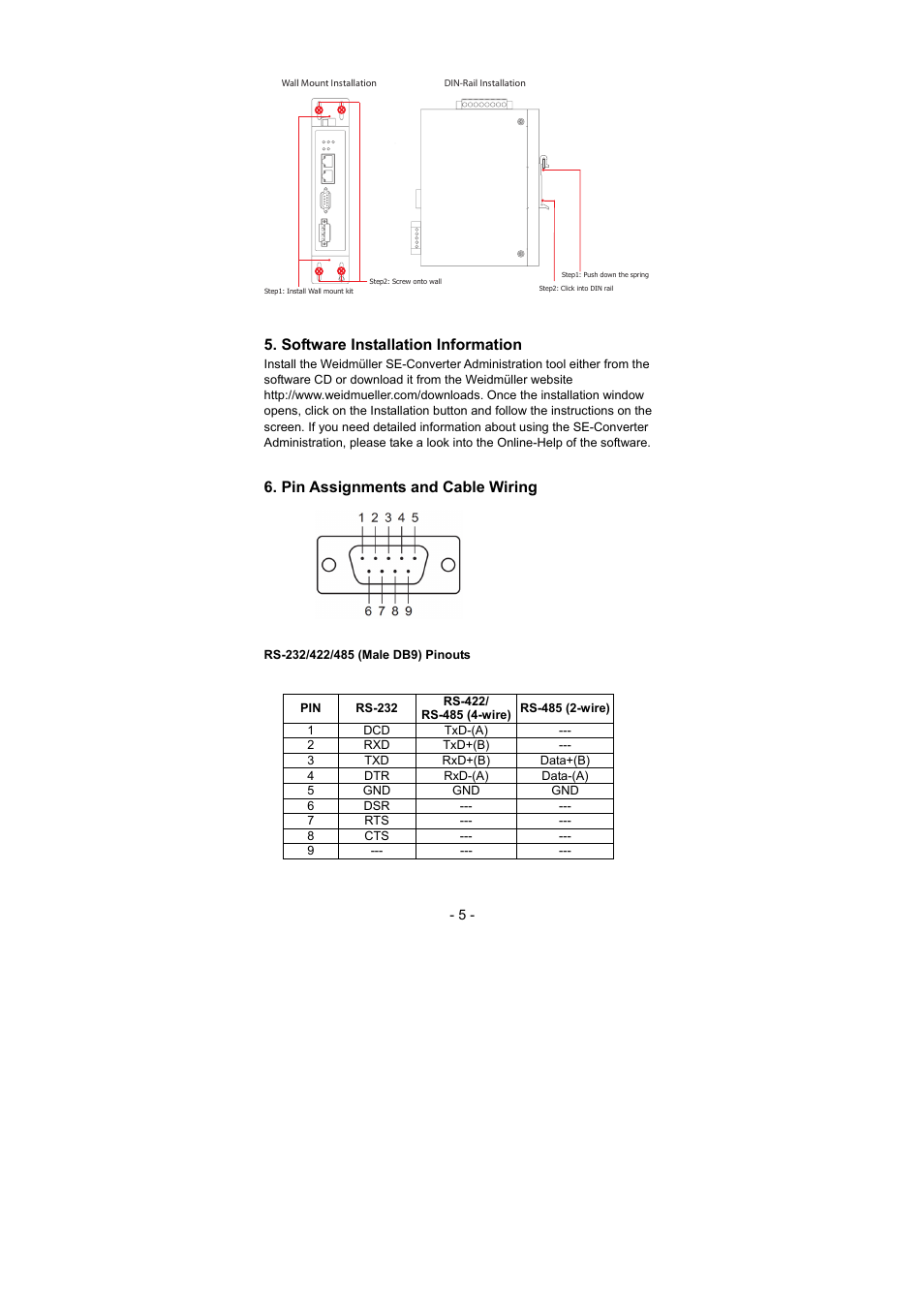 Software installation information, Pin assignments and cable wiring | Weidmuller IE-CS(T)-2TX Series - Industrial Ethernet Serial/Ethernet Converter User Manual | Page 5 / 8