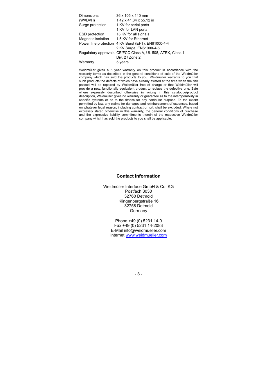 Weidmuller IE-CS(T)-2TX Series - Industrial Ethernet Serial/Ethernet Converter User Manual | Page 8 / 8