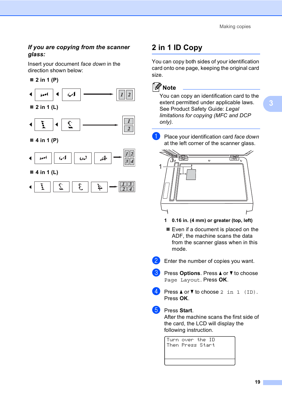 If you are copying from the scanner glass, 2 in 1 id copy | Brother Printer/Copier DCP-8110DN User Manual | Page 23 / 50
