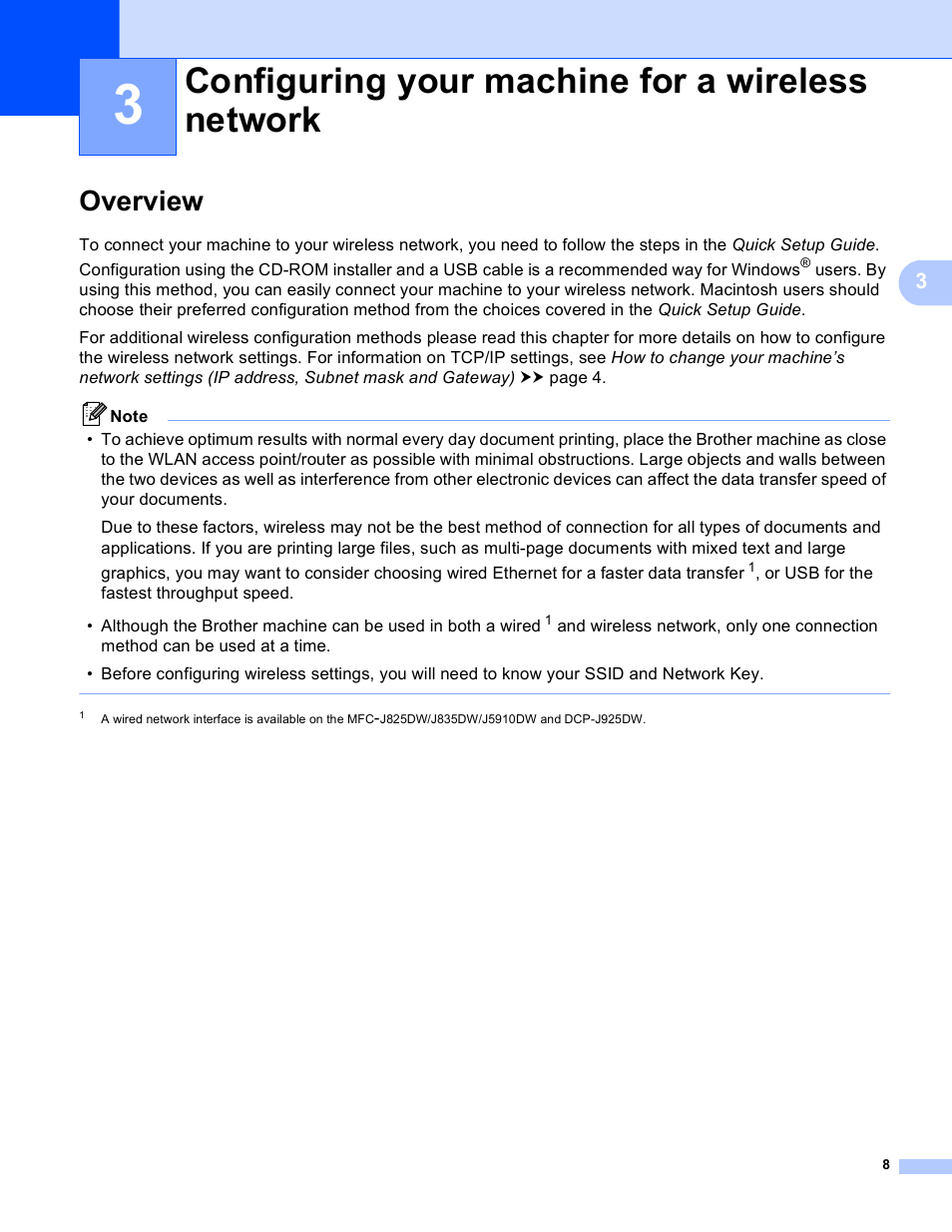 3 configuring your machine for a wireless network, Overview, Configuring your machine for a wireless network | Brother DCP-J525W User Manual | Page 12 / 85