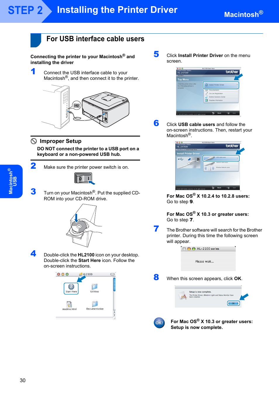 Macintosh, For usb interface cable users, Step 2 | Installing the printer driver, Improper setup | Brother HL-2170W User Manual | Page 32 / 52