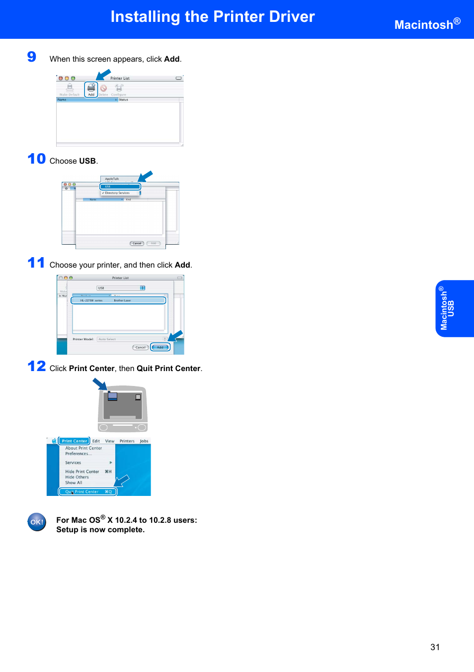 Installing the printer driver, Macintosh | Brother HL-2170W User Manual | Page 33 / 52