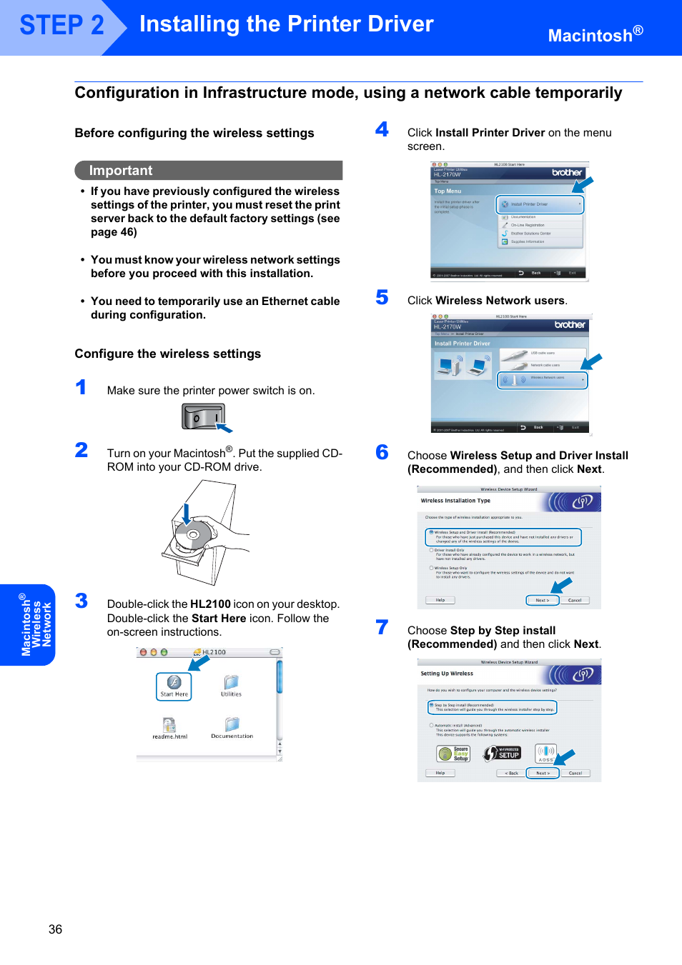 Before configuring the wireless settings, Configure the wireless settings, Step 2 | Installing the printer driver, Macintosh | Brother HL-2170W User Manual | Page 38 / 52