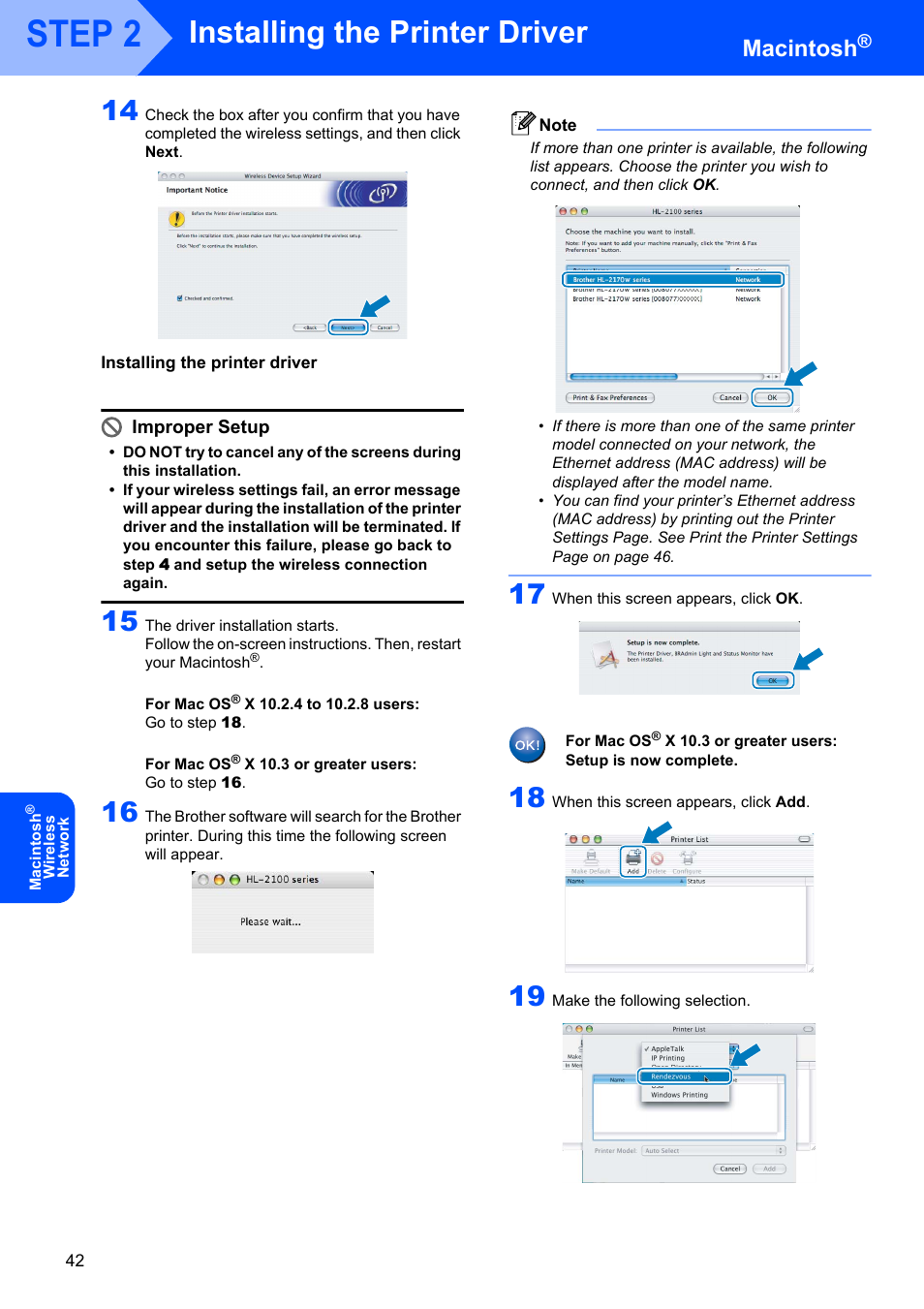 Installing the printer driver, Step 2, Macintosh | Improper setup | Brother HL-2170W User Manual | Page 44 / 52