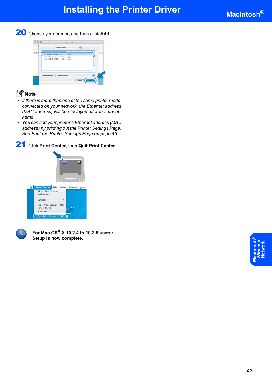 Installing the printer driver, Macintosh | Brother HL-2170W User Manual | Page 45 / 52