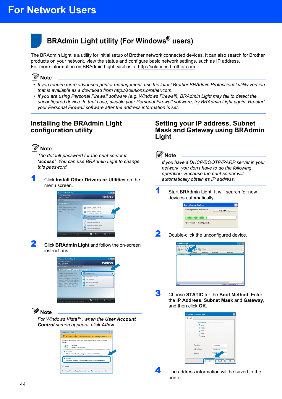 For network users, Bradmin light utility (for windows® users), Installing the bradmin light configuration utility | Bradmin light utility (for windows, Users) | Brother HL-2170W User Manual | Page 46 / 52