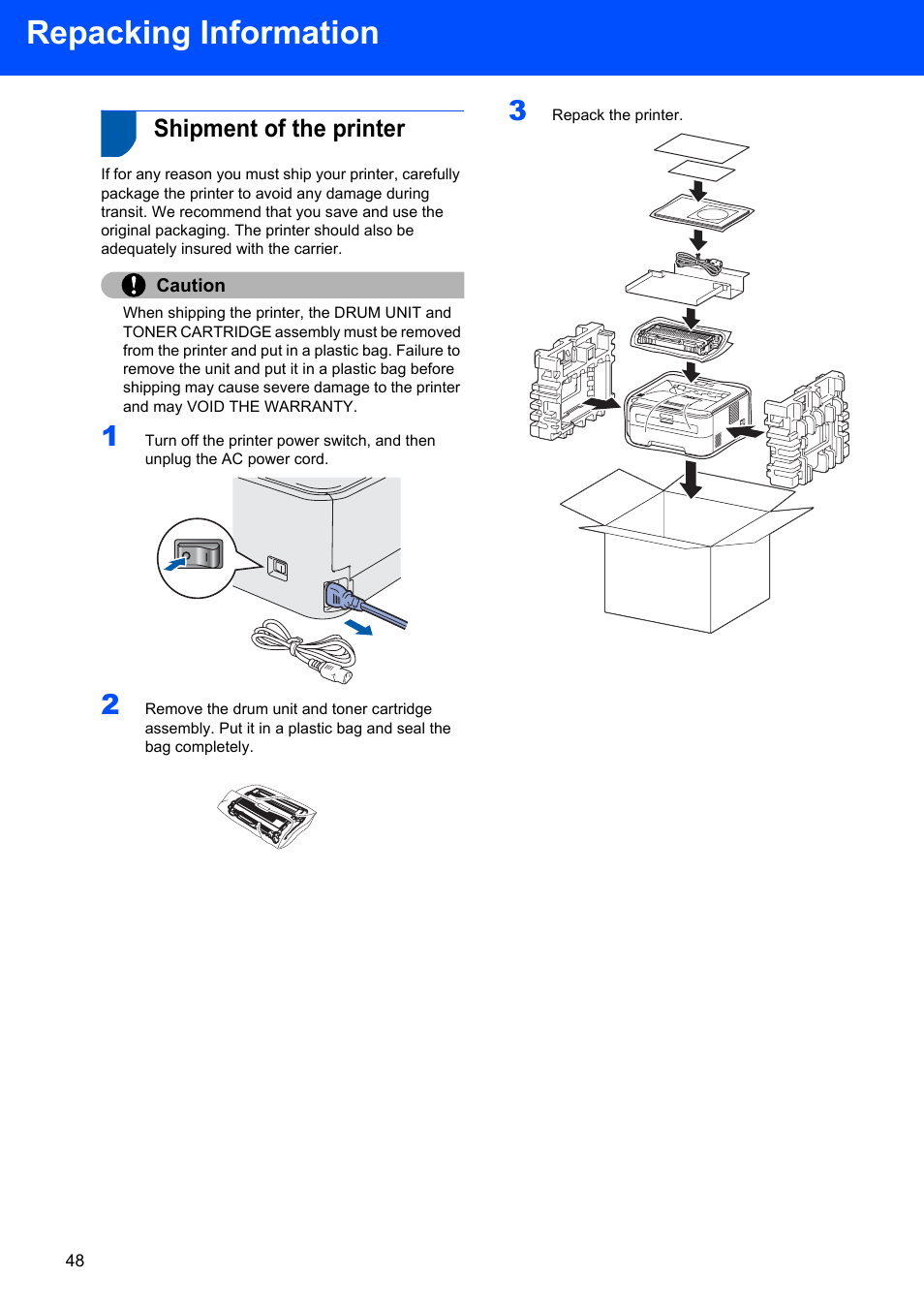 Repacking information, Shipment of the printer, Caution | Brother HL-2170W User Manual | Page 50 / 52