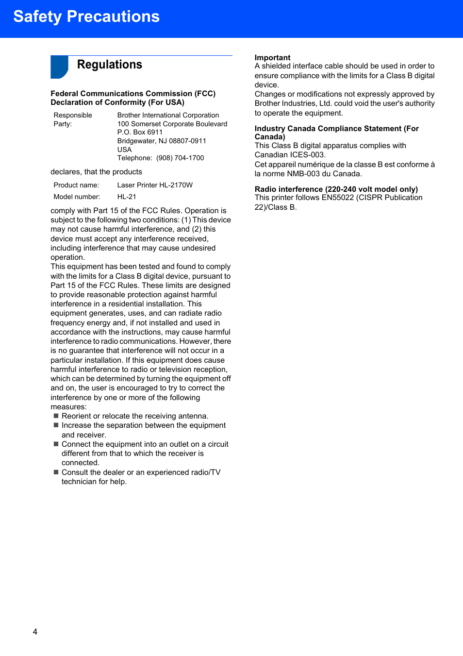 Regulations, Important, Industry canada compliance statement (for canada) | Radio interference (220-240 volt model only), Safety precautions | Brother HL-2170W User Manual | Page 6 / 52