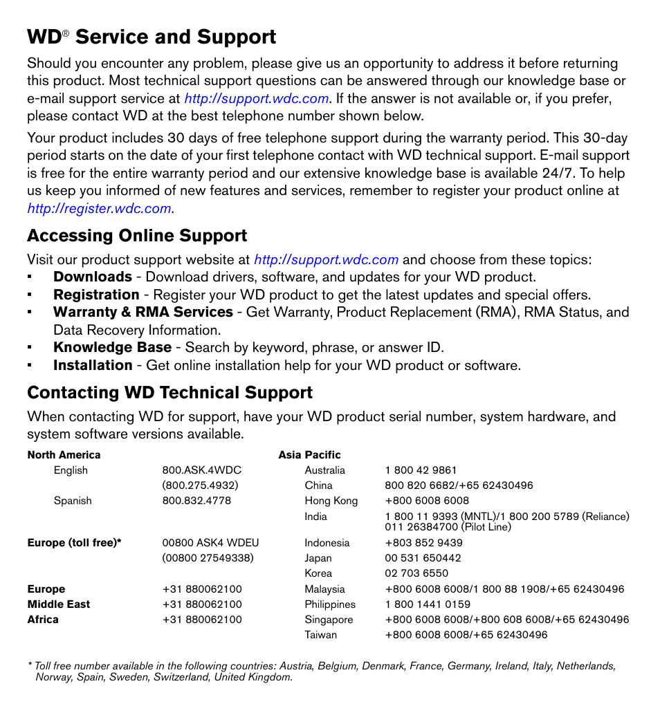 Wd® service and support, Accessing online support, Contacting wd technical support | Service and support | Western Digital WD VelociRaptor User Manual User Manual | Page 2 / 7
