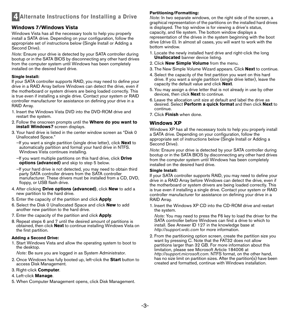 Alternate instructions for installing a drive, Windows 7/windows vista, Right-click computer | Left-click manage, Click new simple volume from the menu, Click finish when done, Windows xp | Western Digital WD VelociRaptor User Manual User Manual | Page 5 / 7