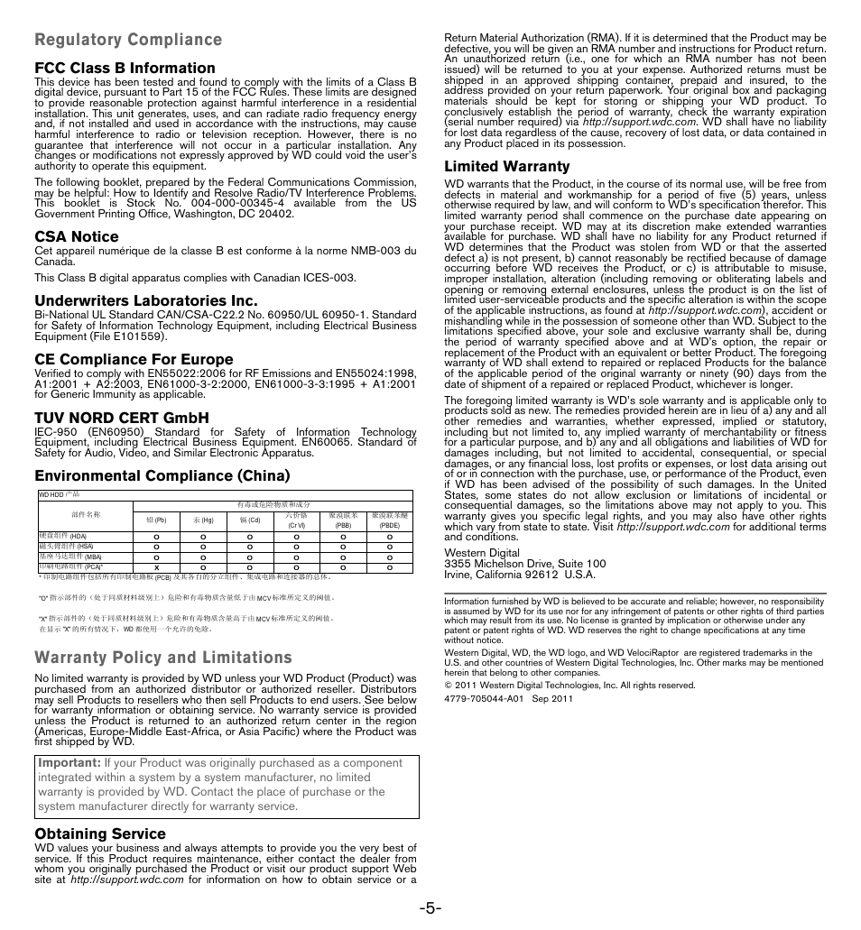 Fcc class b information, Csa notice, Underwriters laboratories inc | Ce compliance for europe, Tuv nord cert gmbh, Environmental compliance (china), Warranty policy and limitations, Obtaining service, Limited warranty, Regulatory compliance | Western Digital WD VelociRaptor User Manual User Manual | Page 7 / 7