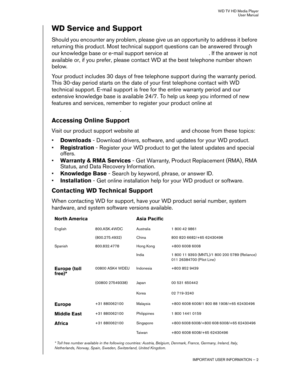 Wd service and support, Accessing online support, Contacting wd technical support | Western Digital WD TV HD Media Player (Gen 2) User Manual User Manual | Page 5 / 92