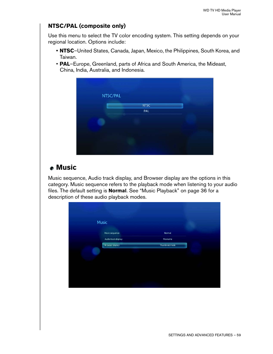 Ntsc/pal (composite only), Music | Western Digital WD TV HD Media Player (Gen 2) User Manual User Manual | Page 62 / 92