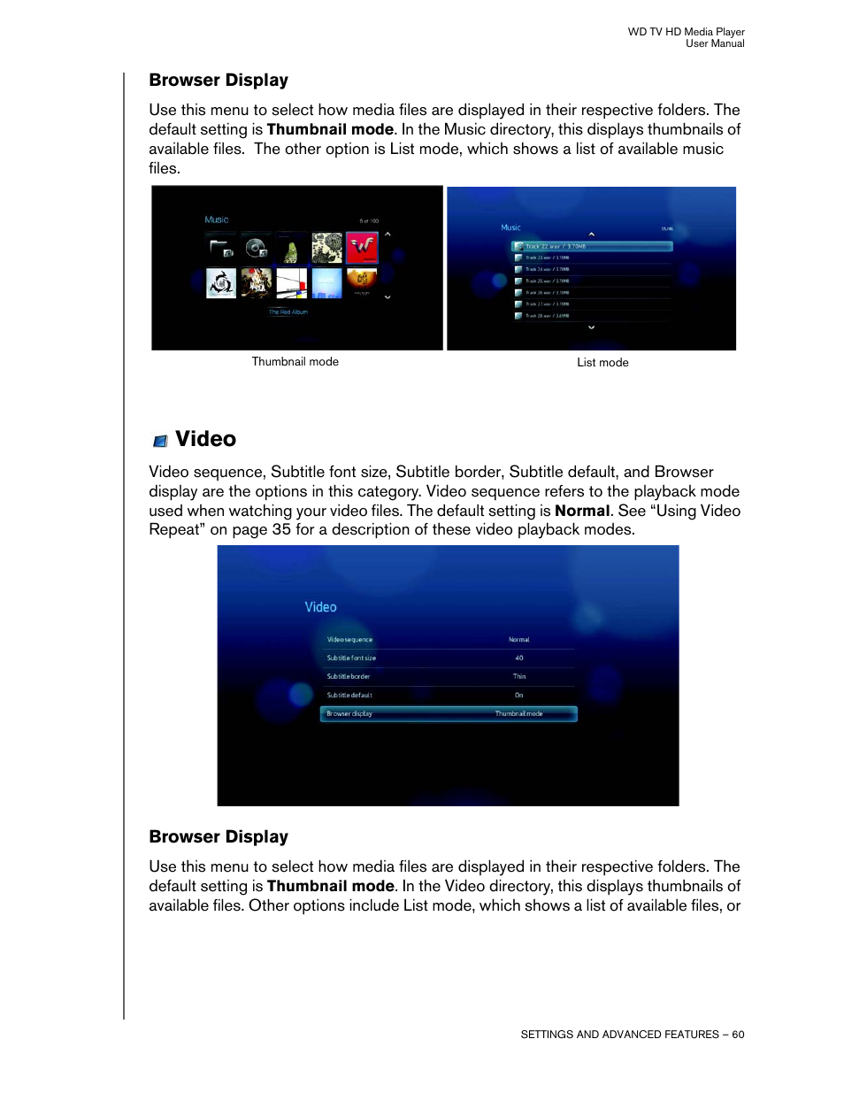 Browser display, Video | Western Digital WD TV HD Media Player (Gen 2) User Manual User Manual | Page 63 / 92