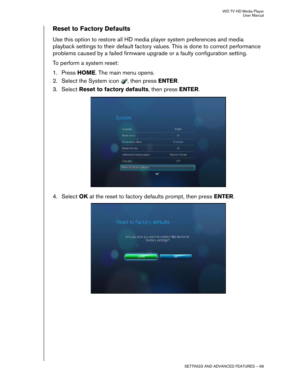 Reset to factory defaults | Western Digital WD TV HD Media Player (Gen 2) User Manual User Manual | Page 71 / 92