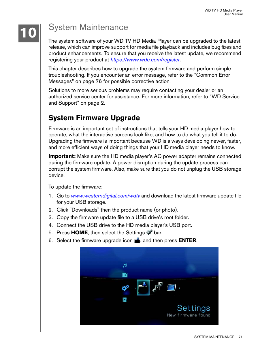 System maintenance, System firmware upgrade | Western Digital WD TV HD Media Player (Gen 2) User Manual User Manual | Page 74 / 92