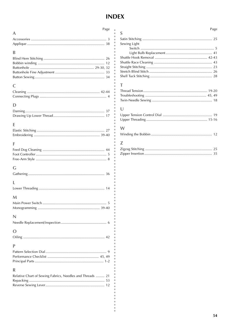 Index | Brother VX 1400 User Manual | Page 61 / 65