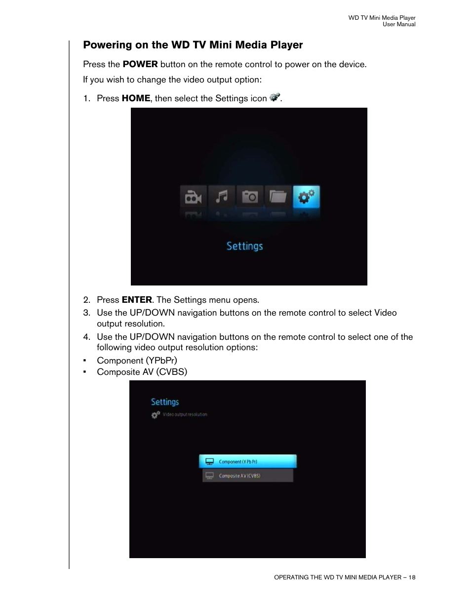 Powering on the wd tv mini media player | Western Digital WD TV Mini Media Player User Manual User Manual | Page 22 / 66