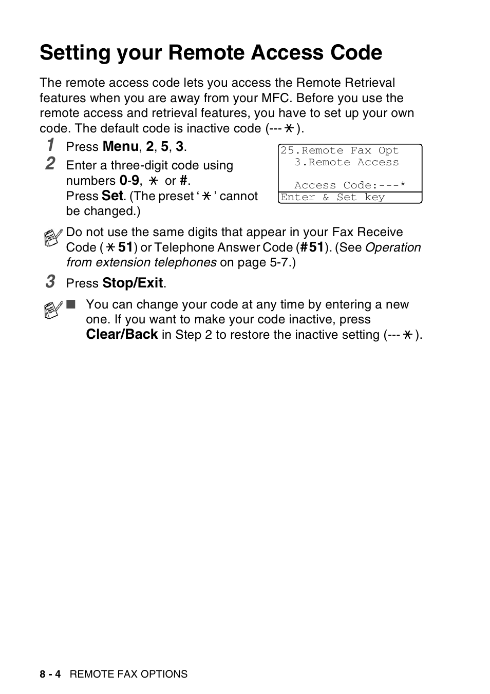 Setting your remote access code, Setting your remote access code -4 | Brother MFC-8440  B User Manual | Page 130 / 231