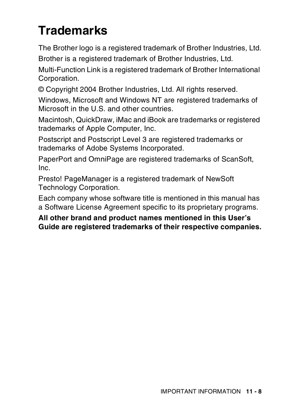 Trademarks, Trademarks -8 | Brother MFC-8440  B User Manual | Page 161 / 231